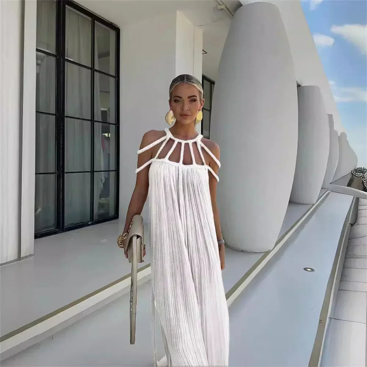 Braided Rope Trim One Shoulder Belted High Split Maxi Dress - View 18