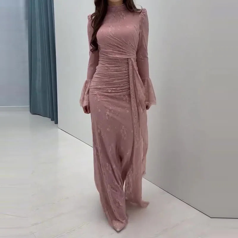 Elegant Turtleneck Lace Embroidery Long Sleeve Dress