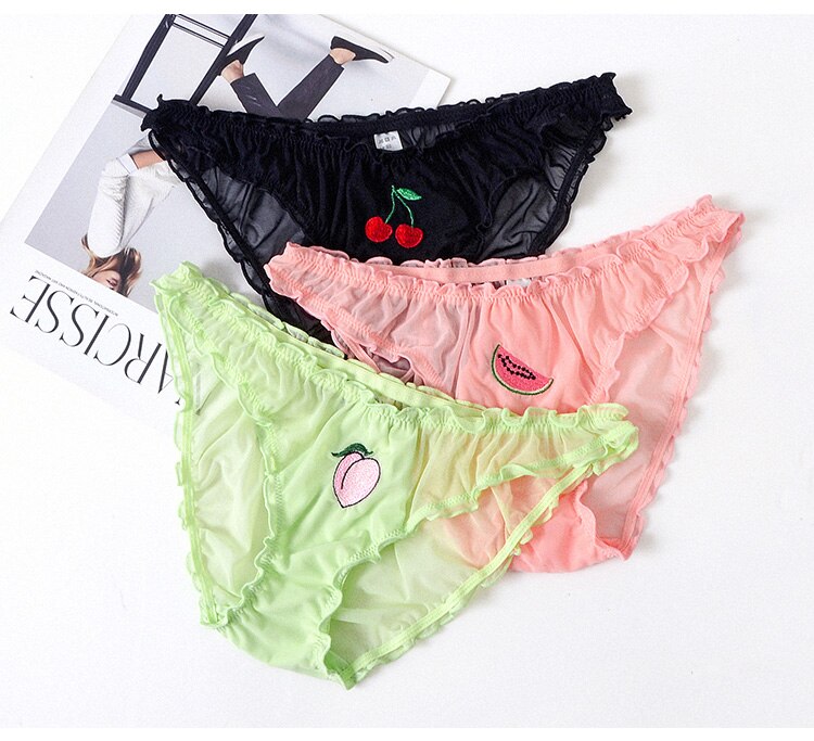 2Pcs/Lot Lace Lingerie Temptation Low-waist Panties Fruit Ins Embroidery Transparent Briefs Seamless Underwear