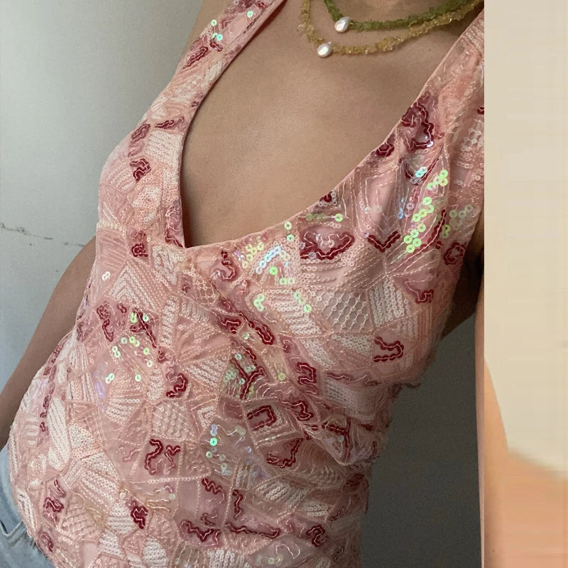 Sequin Beaded Backless Boho Halter Cami Top - Fashionpara