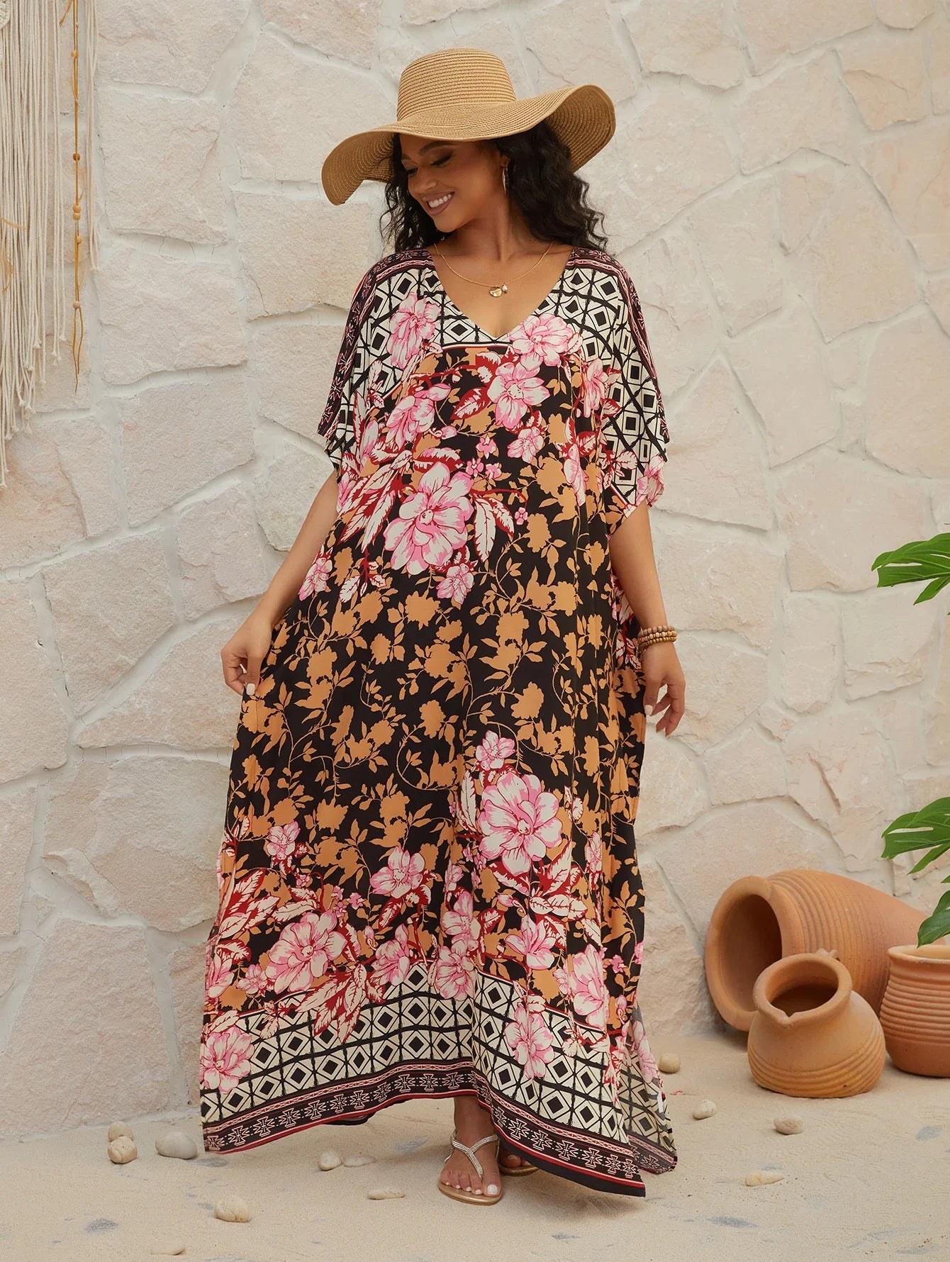 Plus Size Boho Floral Beach Cover Up
