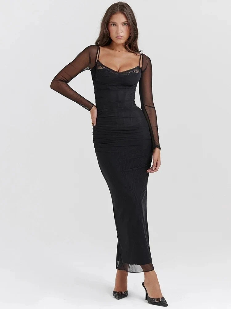 Mesh Cowl-Neck Long Sleeve Lace-Trim Bodycon Maxi Dress 2