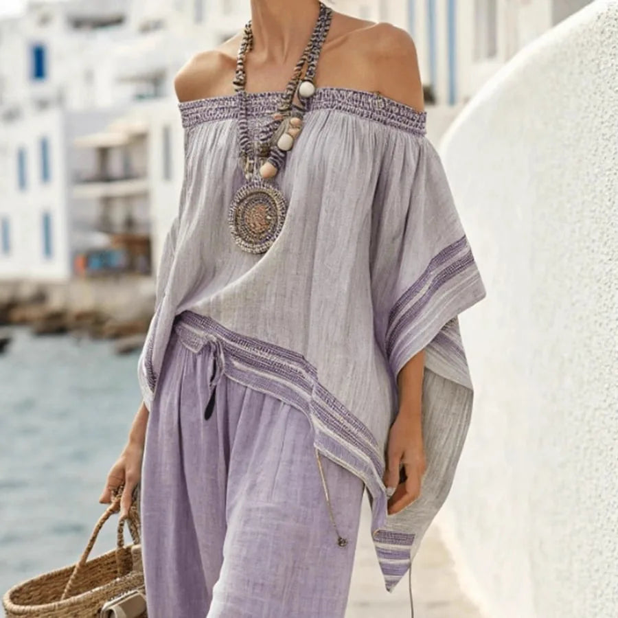 Off Shoulder Boho Top and Wide Leg Pants Two Piece Set 2