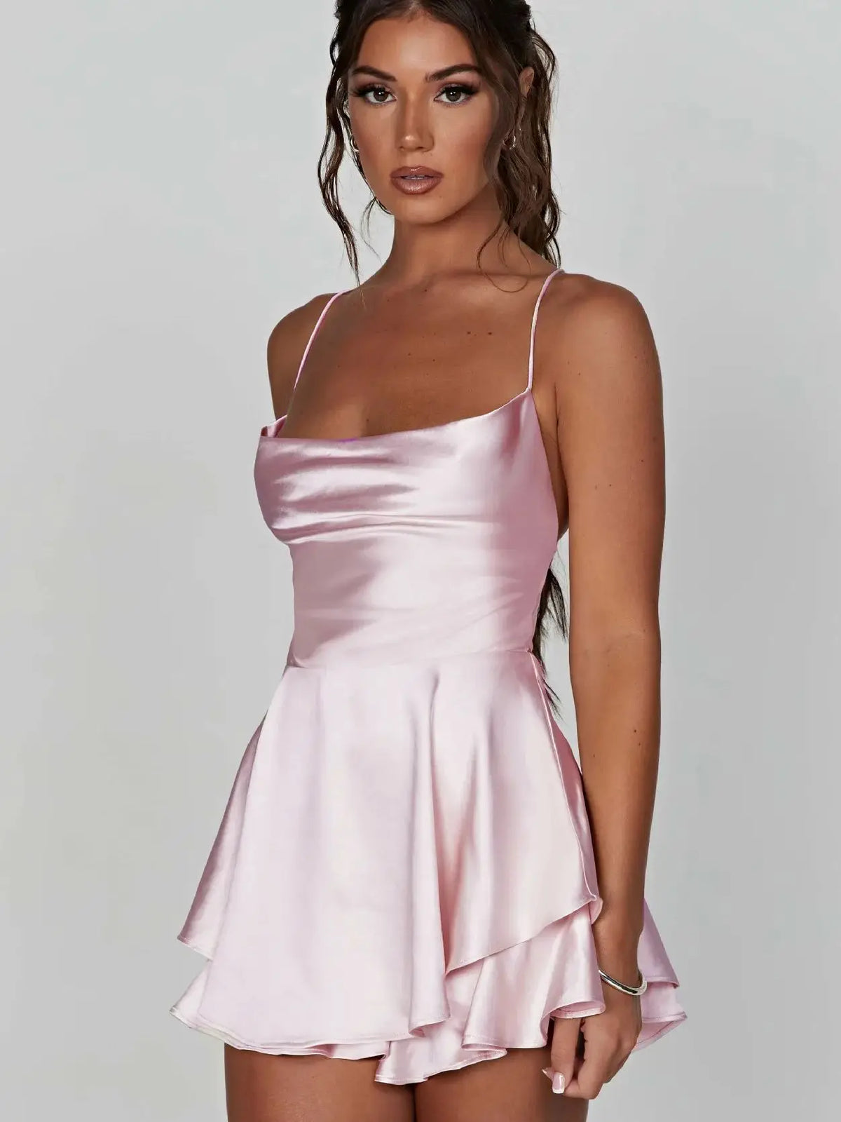 Satin Cowl Neck Spaghetti Strap Tiered Ruffle Flared Mini Dress - View 5