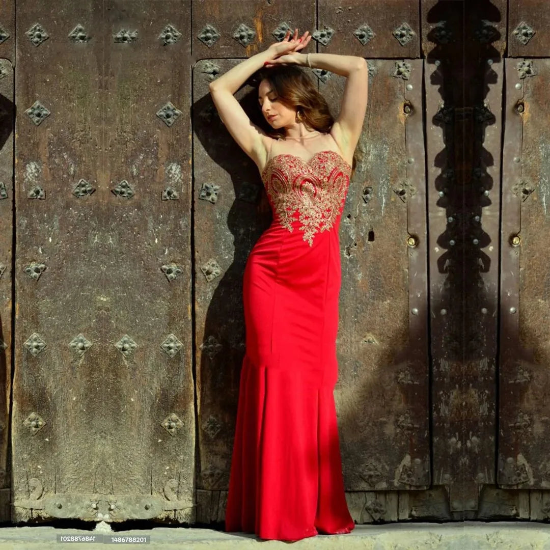 Elegant Red Maxi Dress with Gold Appliques for Formal Events
