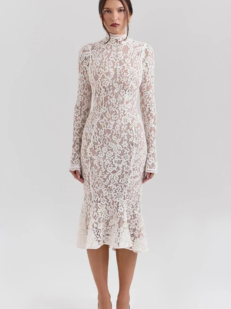 Lace White Long Sleeve Turtleneck Dress - View 3