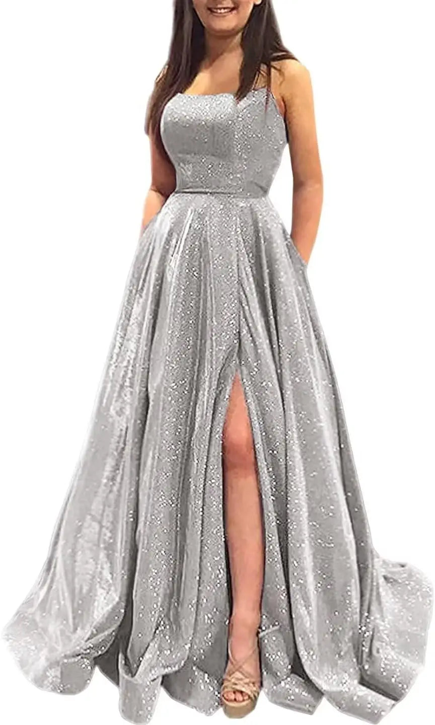 Elegant A-Line Formal Evening Gown with Pockets and Glitter - Fashionpara
