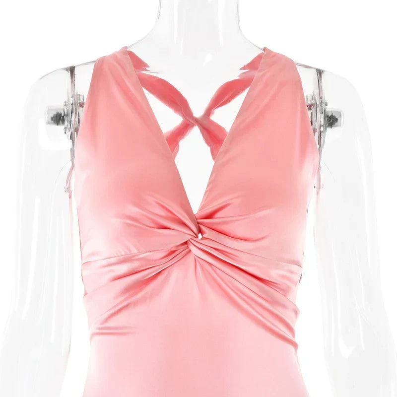 V Neck Sleeveless Satin Bow Backless Maxi Dress - View 10