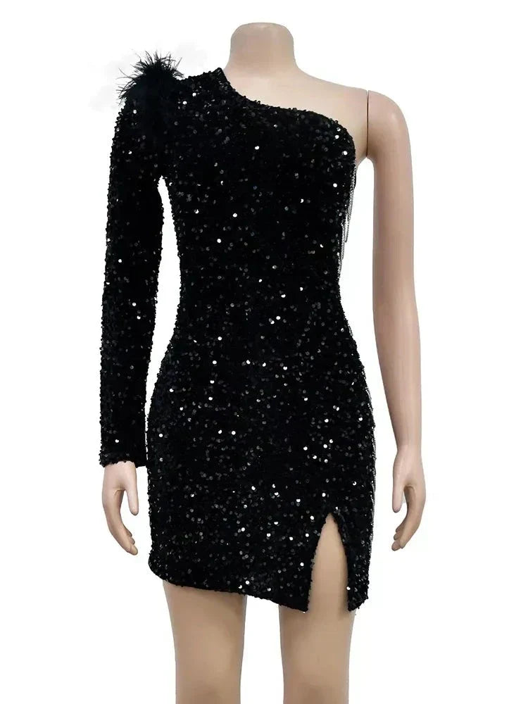 Sequin One Shoulder Long Sleeve Bodycon Mini Party Dress - View 4