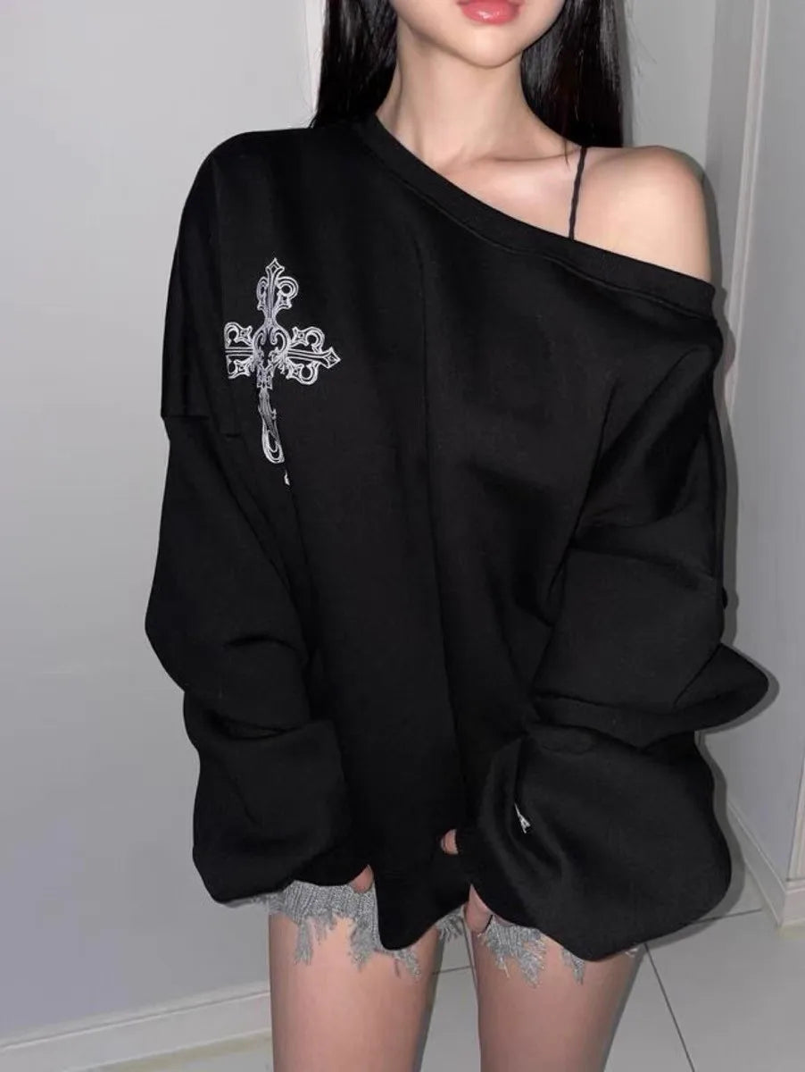 Dark Off Shoulder Pullover Hoodie - Fashionpara