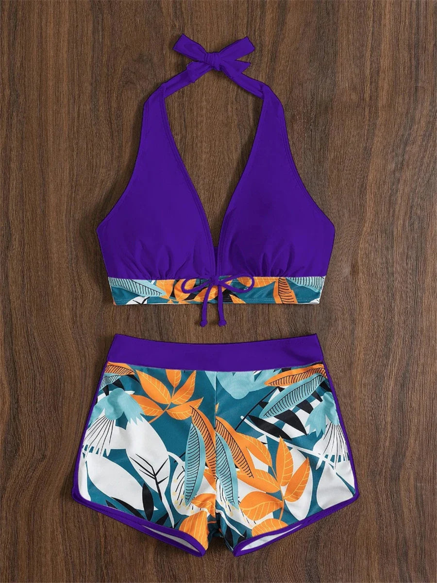 Leaf Print Knot Front Halter Two Piece Set