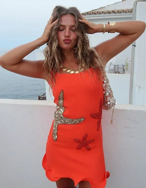 Sequin Starfish Square Neck Sleeveless Bodycon Mini Dress in Blue - View 8