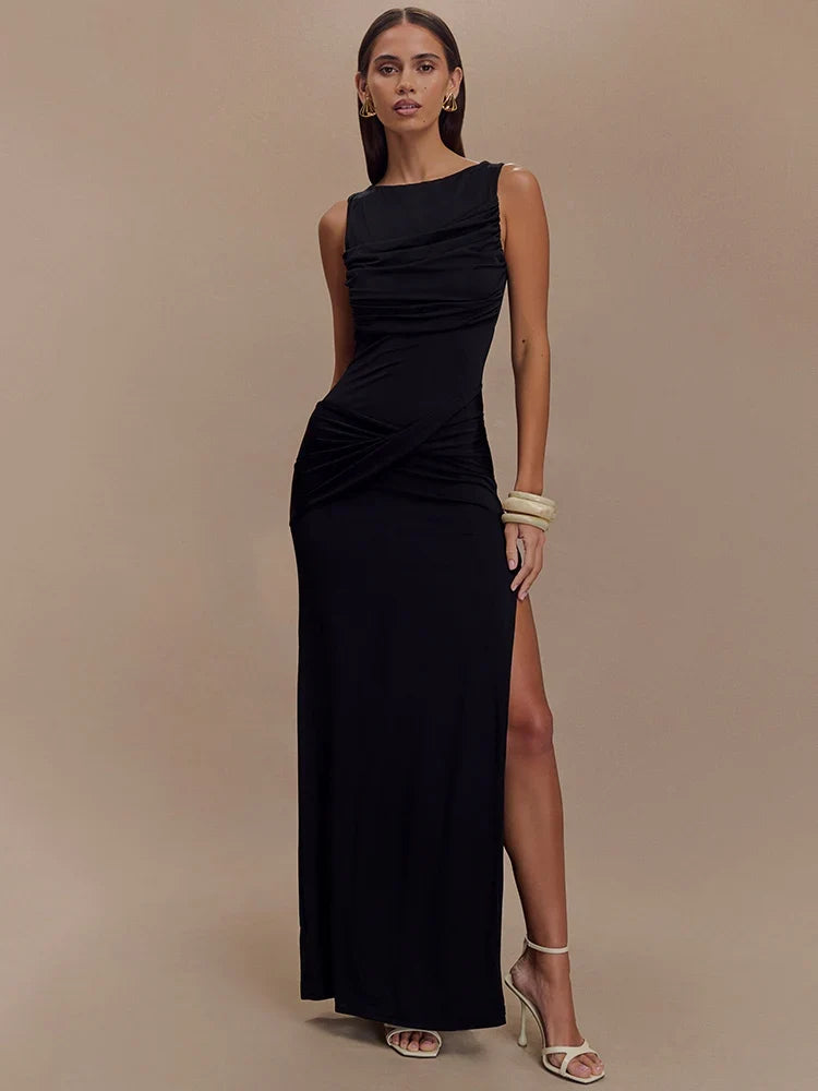 Ruched O Neck Split Maxi Bodycon Dress
