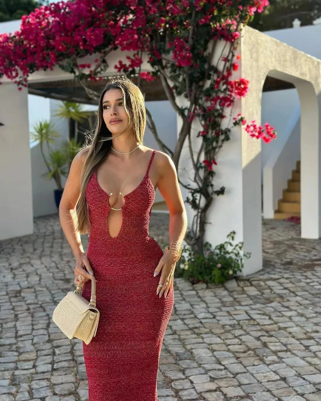Shiny Silk Knit Metal Ring Bodycon Dress - View 12