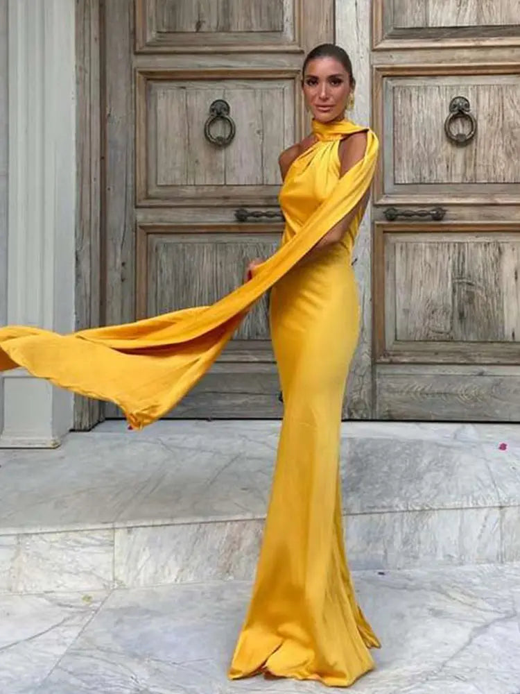 Satin Halter Neck Asymmetric Draped Sash Floor Length Gown - View 2