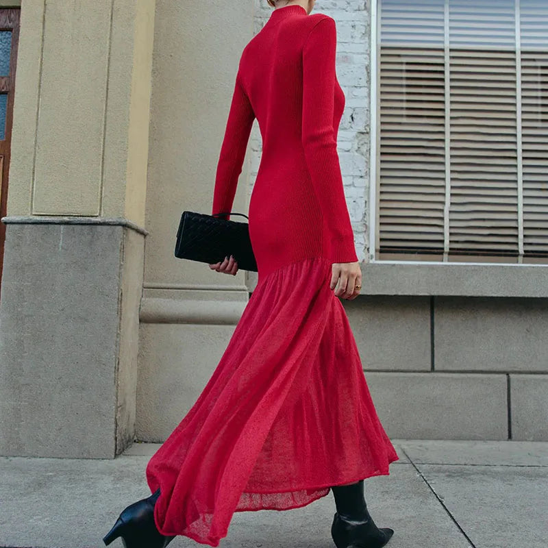 Elegant Fashionpara High Collar Knitted Maxi Dress for Fall