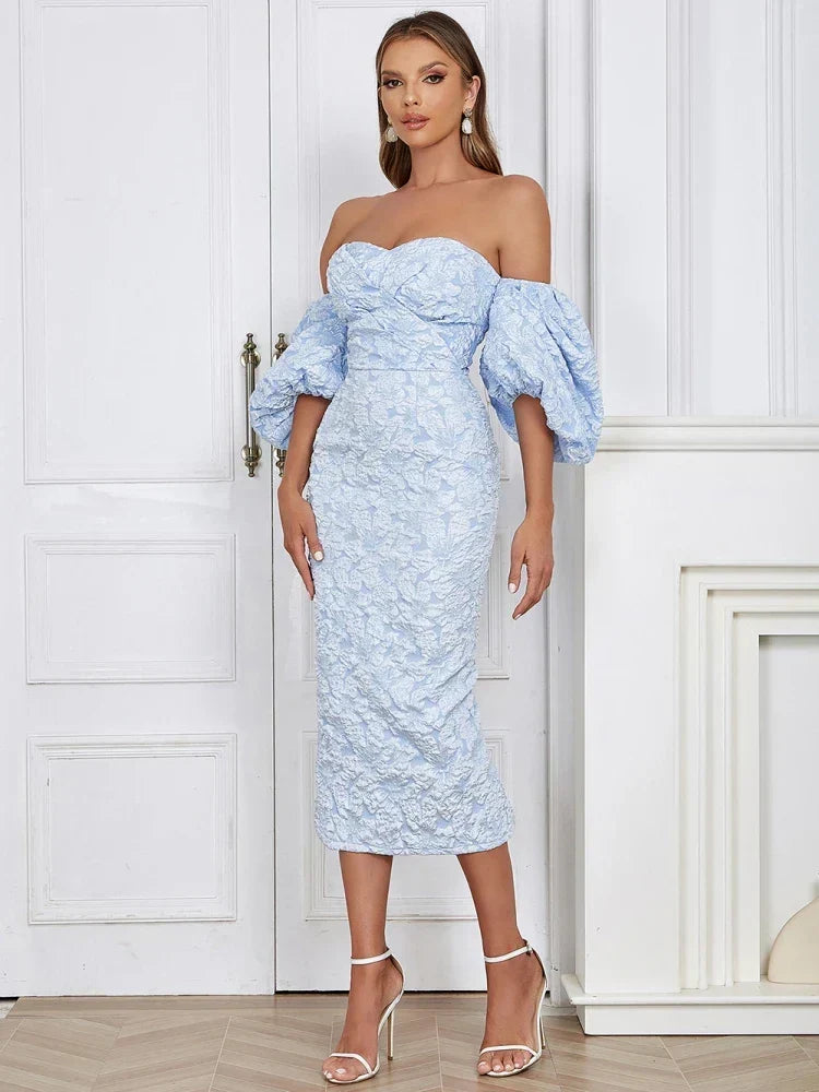 Floral Off Shoulder Puff Sleeve Bodycon Midi Dress - View 4