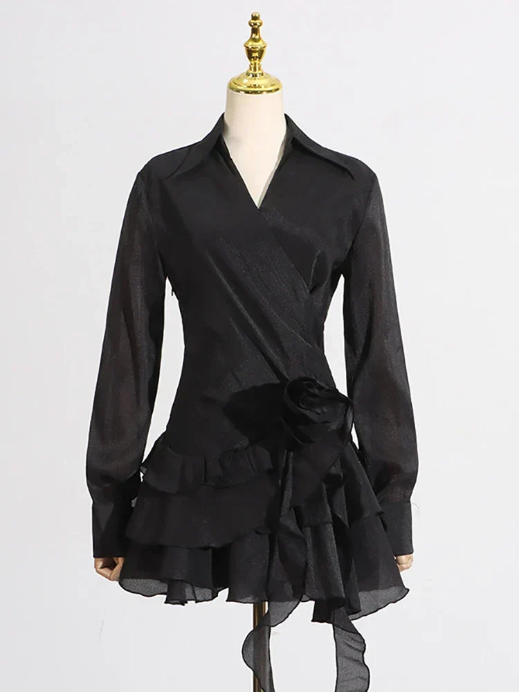 Sheer Long Sleeve Wrap Shirt Collar Rosette Tiered Ruffle Mini Dress - View 8