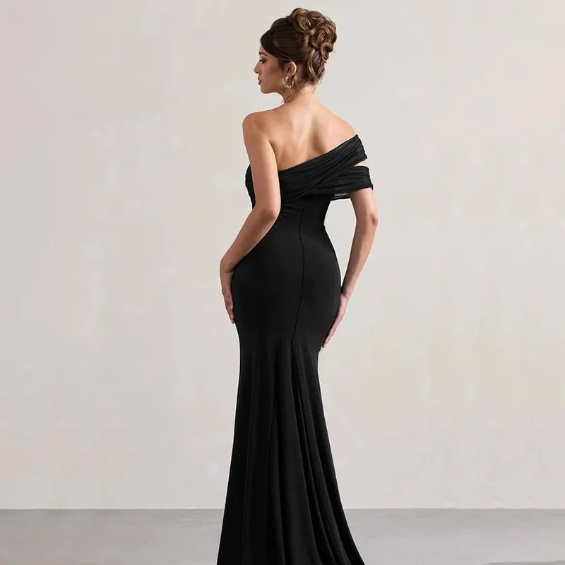 Solid One Shoulder Mesh Slit Long Dress - View 12