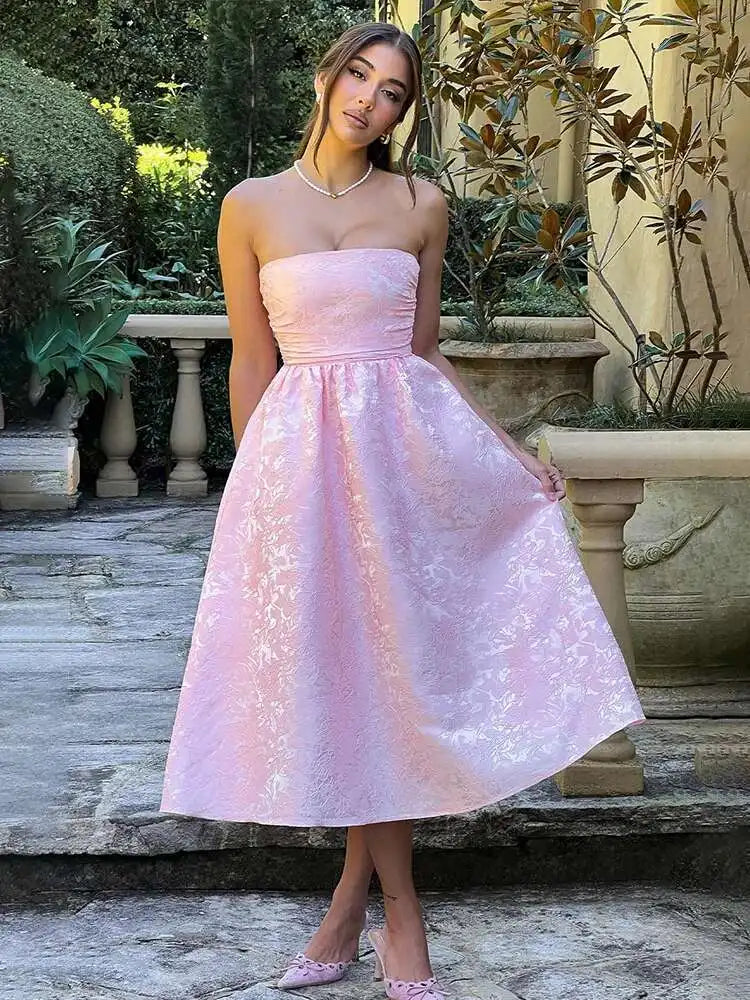 Floral Jacquard Strapless Pleated A-Line Midi Dress 3