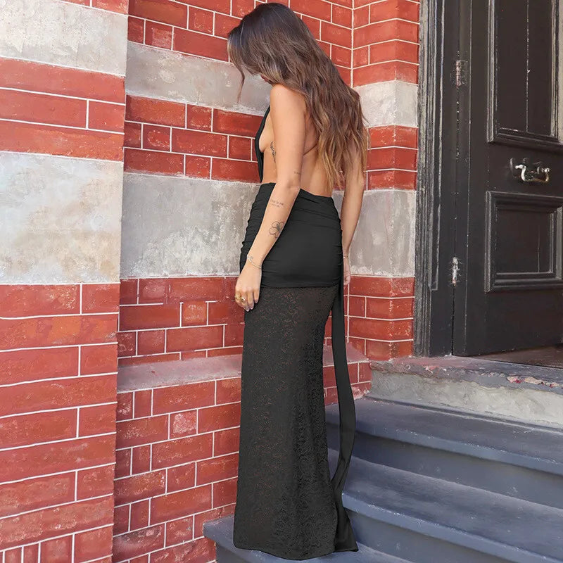Halter Deep V Neck Lace Sleeveless Long Dress - View 14