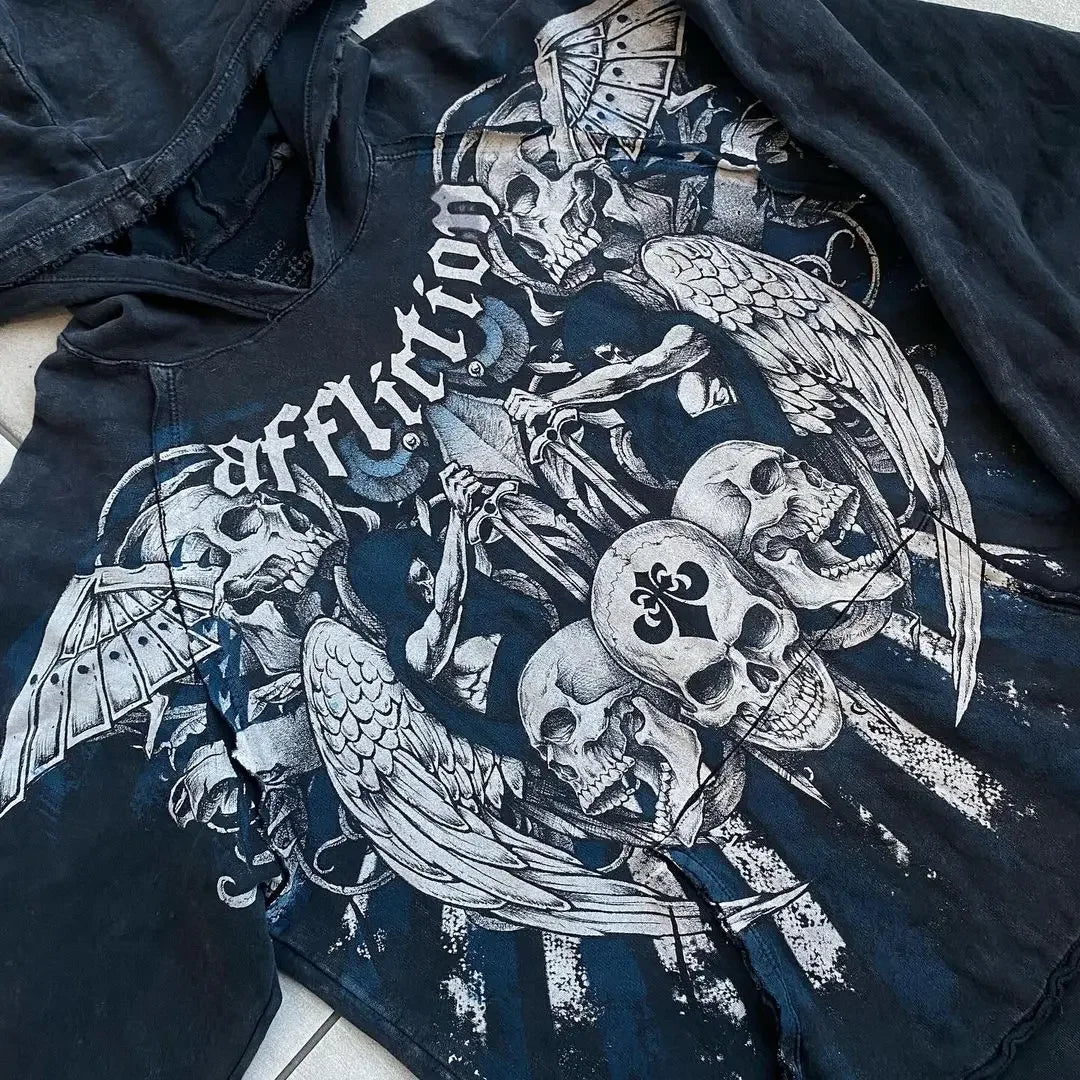 Dark Skull Print Baggy Hoodie - Fashionpara