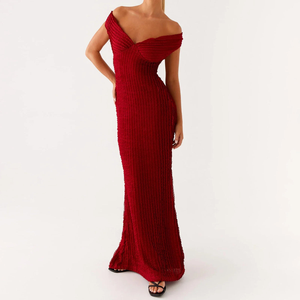Textured Waffle Knit Off-Shoulder Mermaid Gown 6