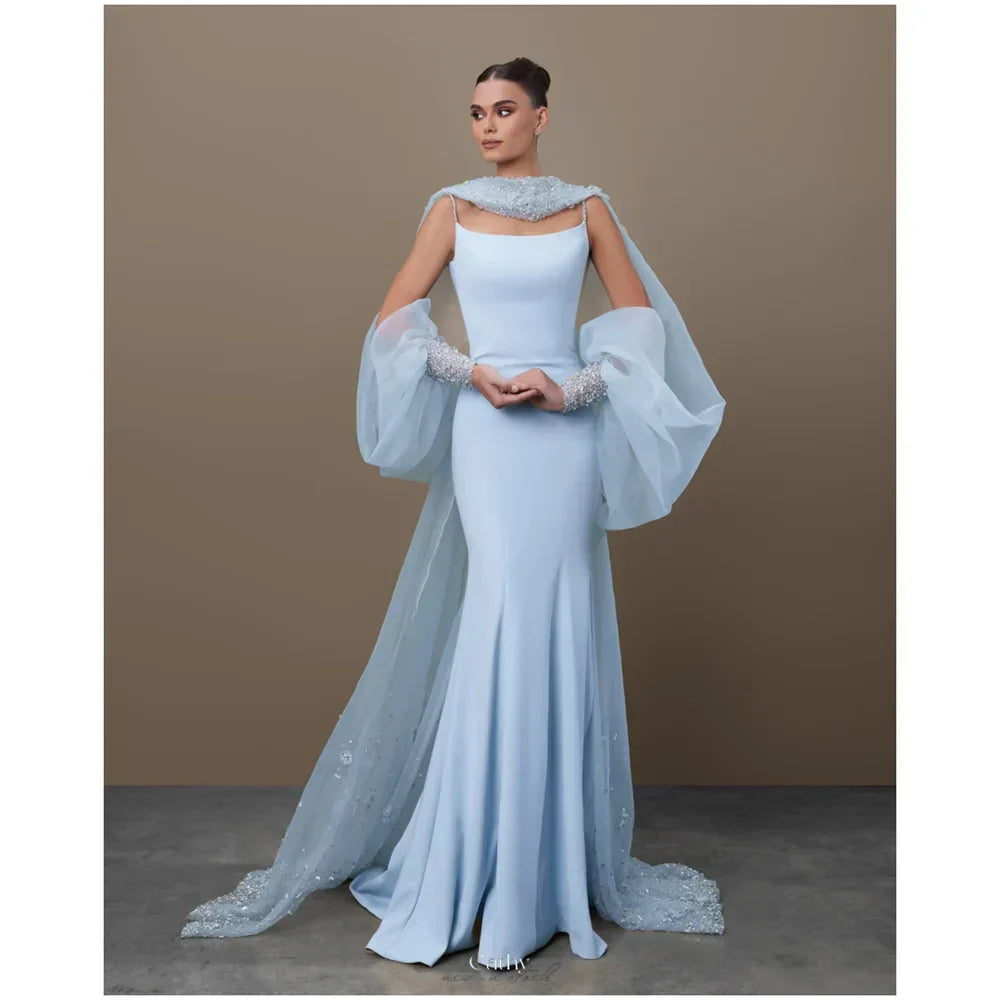 Satin Square Neck Beaded Cape Mermaid Evening Gown