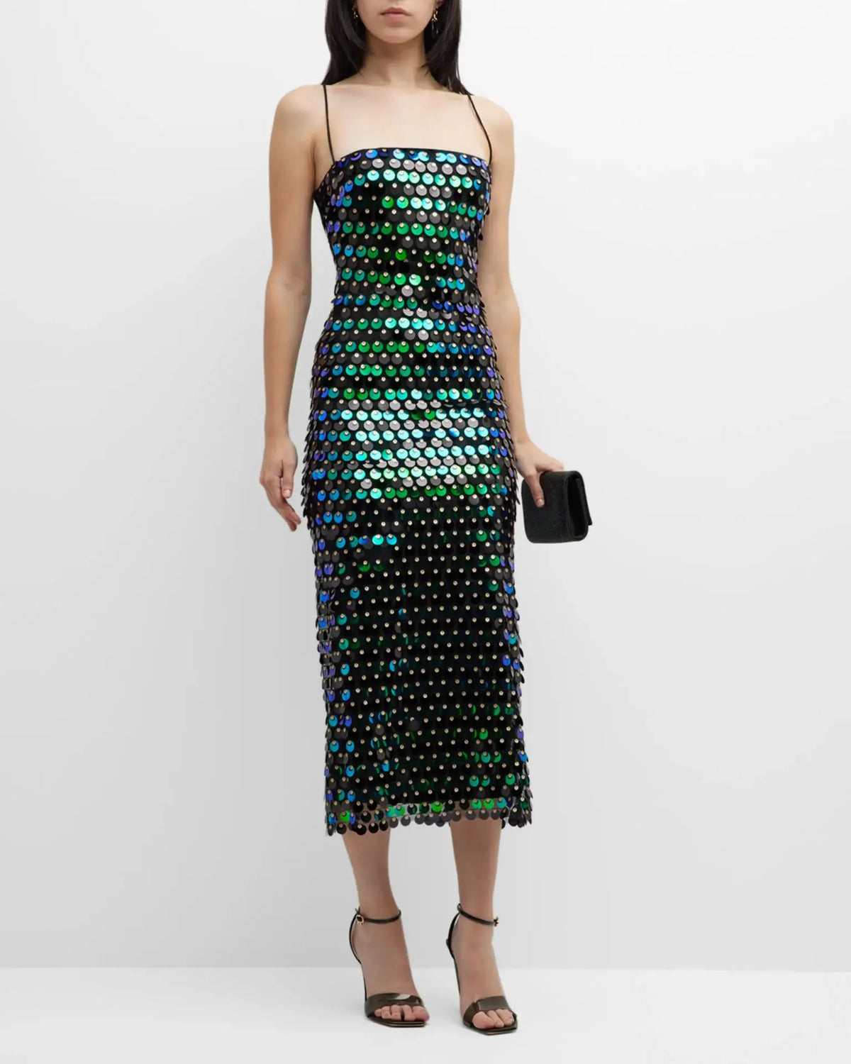 Paillette Sequin Square Neck Spaghetti Strap Bodycon Midi Dress - View 7