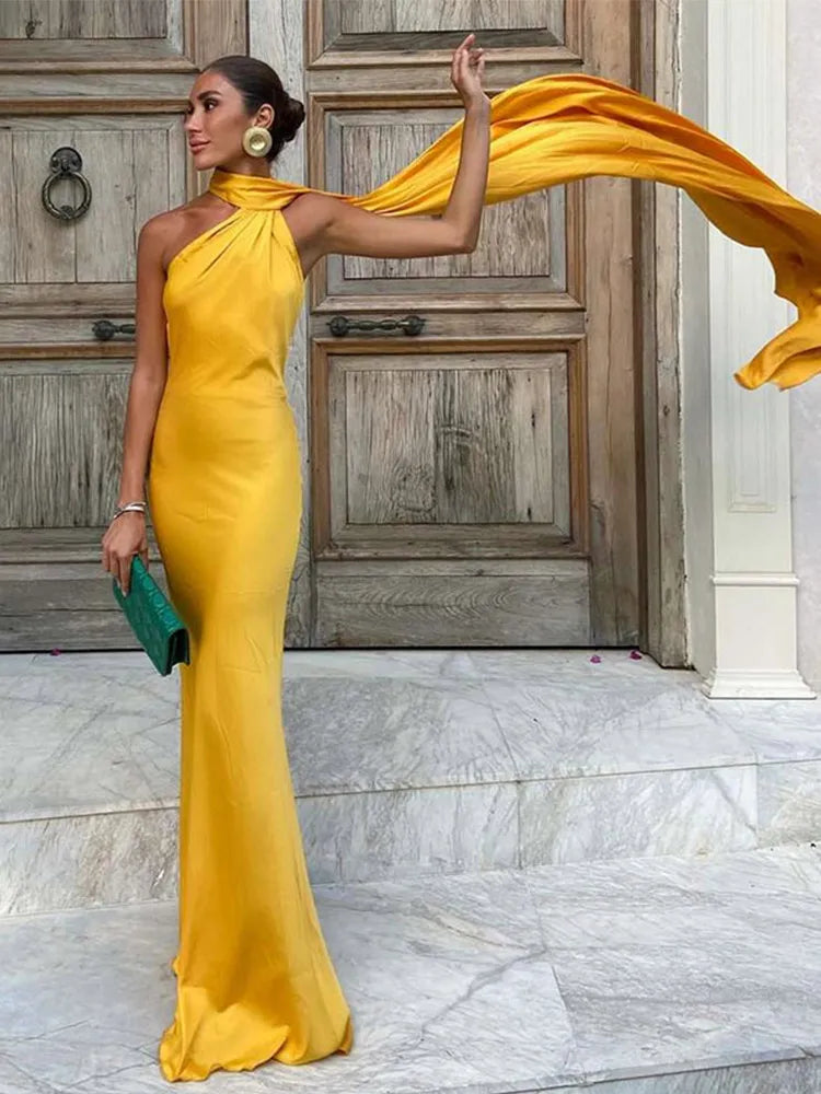 Satin Halter Neck Asymmetric Draped Sash Floor Length Gown