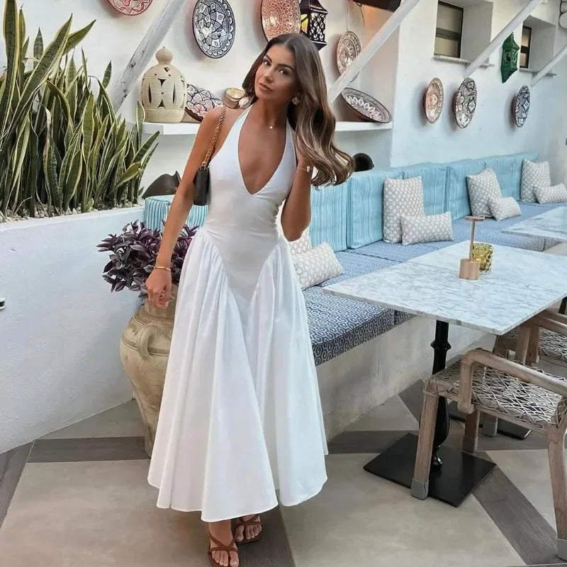 Poplin Halter Neck Backless A-Line Midi Dress 4