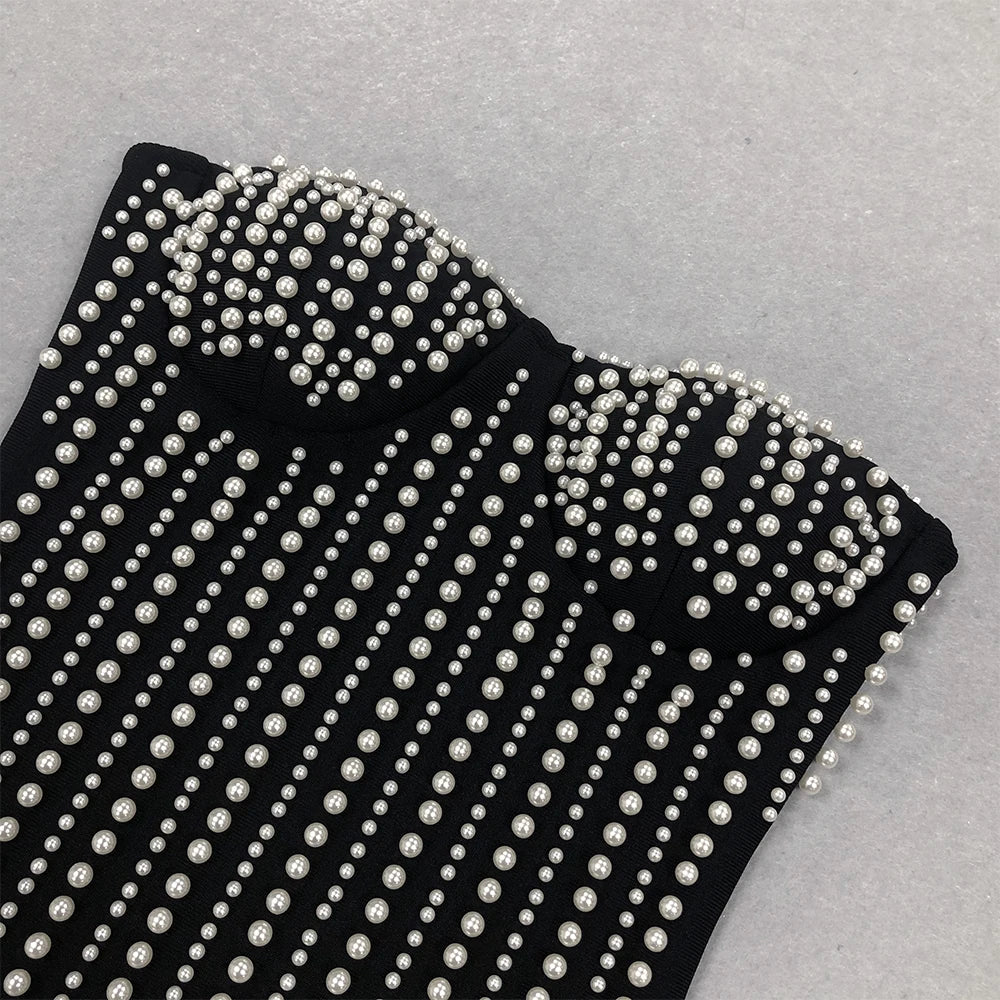 Sexy Black Luxury Pearls Tassels Bodycon Strapless Prom Bandage Dress Sexy Celebrity Evening Runway Cocktail Party Dress