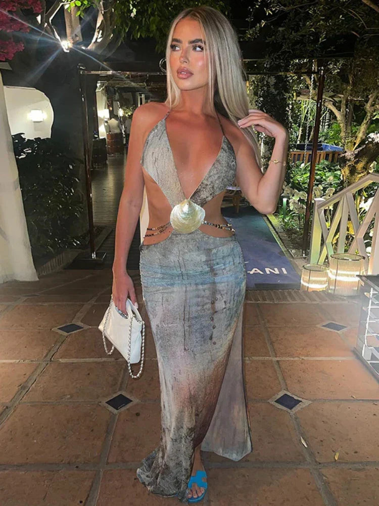 Backless Split Abstract Printed Mesh Sheer Dress - View 6