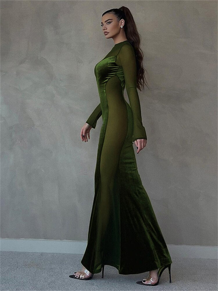 Velvet High Neck Long Sleeve Mesh Panel Mermaid Gown