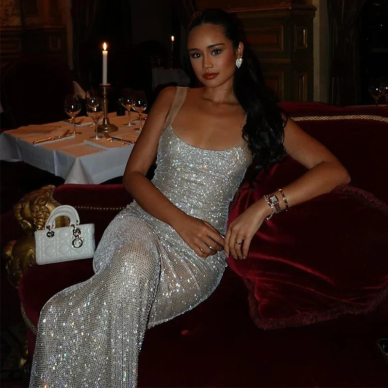 Sequin Square Neck Spaghetti Strap Bodycon Maxi Dress