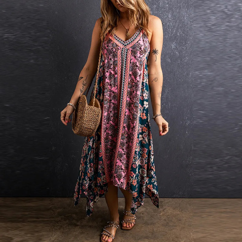 Floral Print V-Neck Spaghetti Strap Handkerchief Maxi Dress