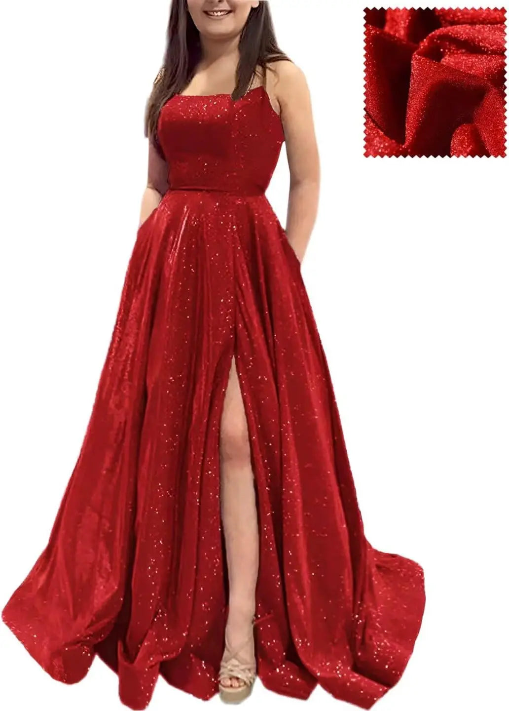 Elegant A-Line Formal Evening Gown with Pockets and Glitter - Fashionpara