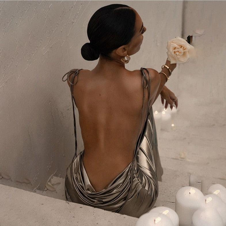 Metallic Tie-Strap Backless Cowl-Back Maxi Dress 3