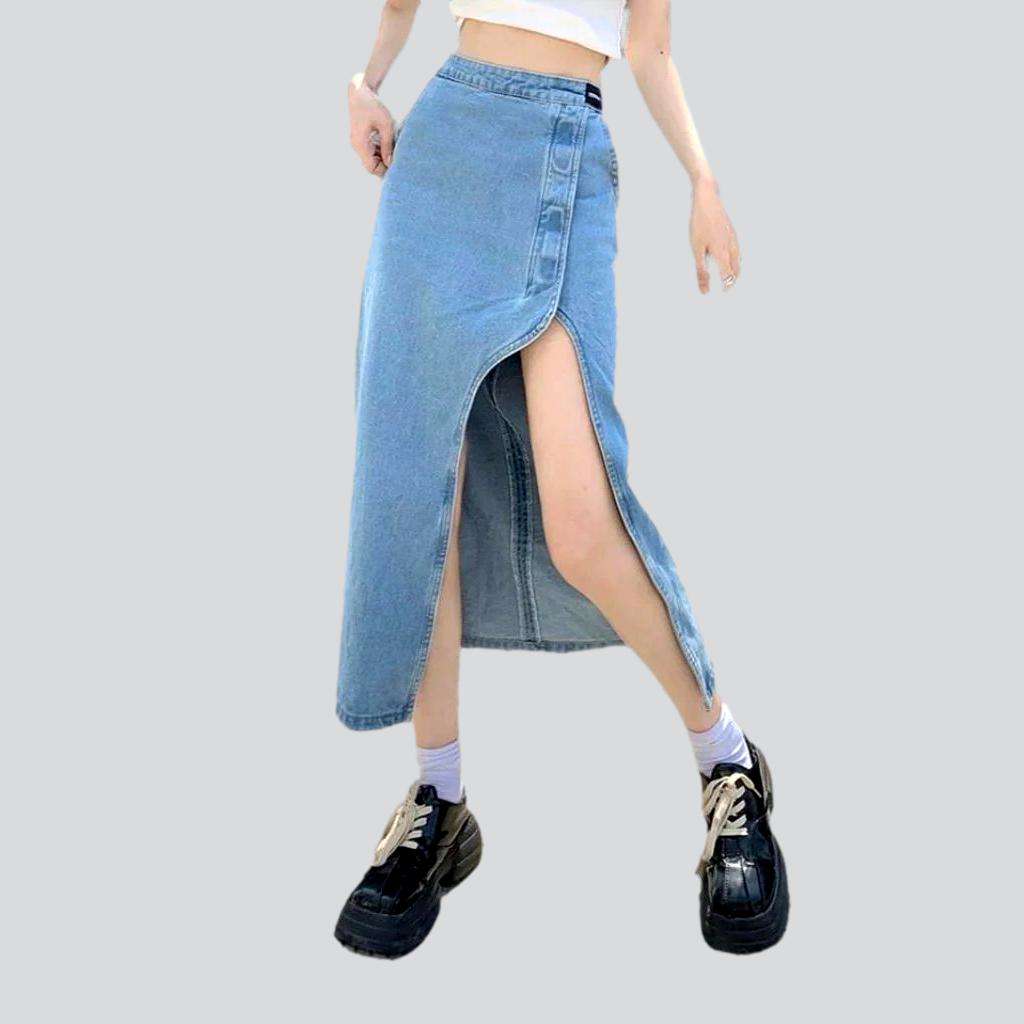 Wide slit women's denim skirt - Fashionpara
