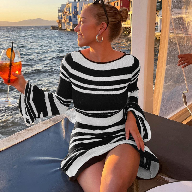 Striped Knit Open-Back Long-Sleeve Flared Mini Dress 3
