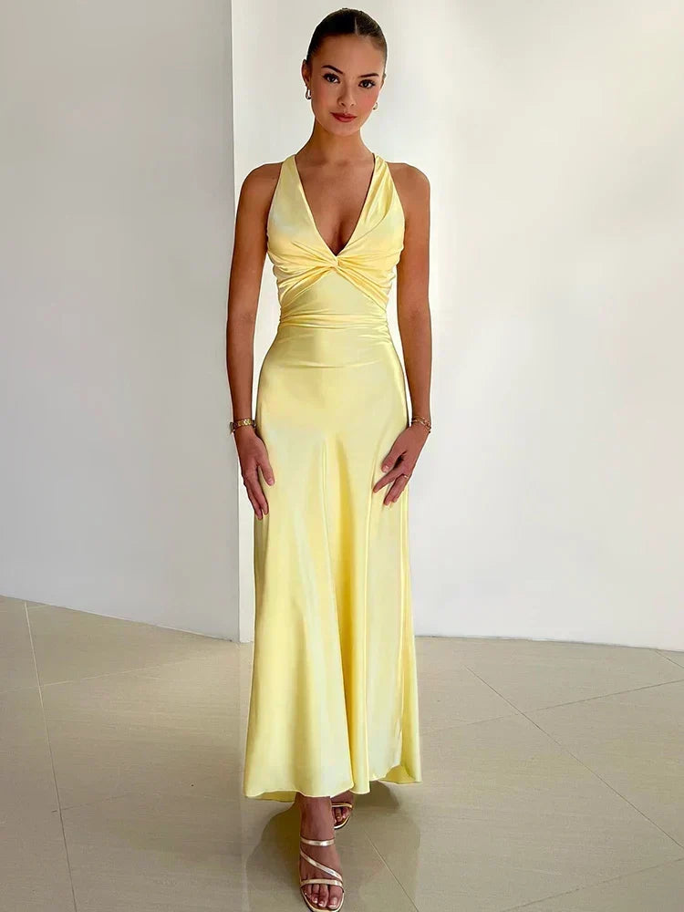 V Neck Sleeveless Satin Bow Backless Maxi Dress - View 2