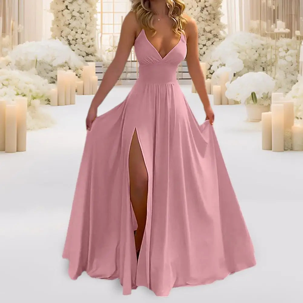 Spaghetti Strap Deep V-Neck High Split A-Line Maxi Dress