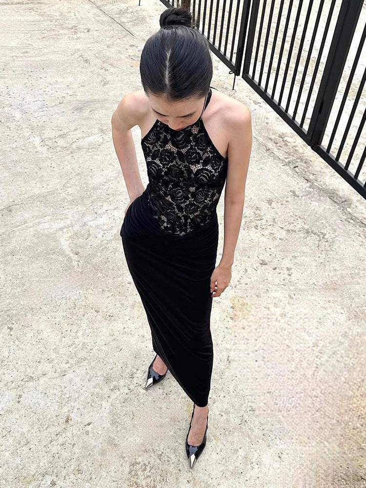 Halter Neck Lace Patchwork Black Maxi Dress - View 6