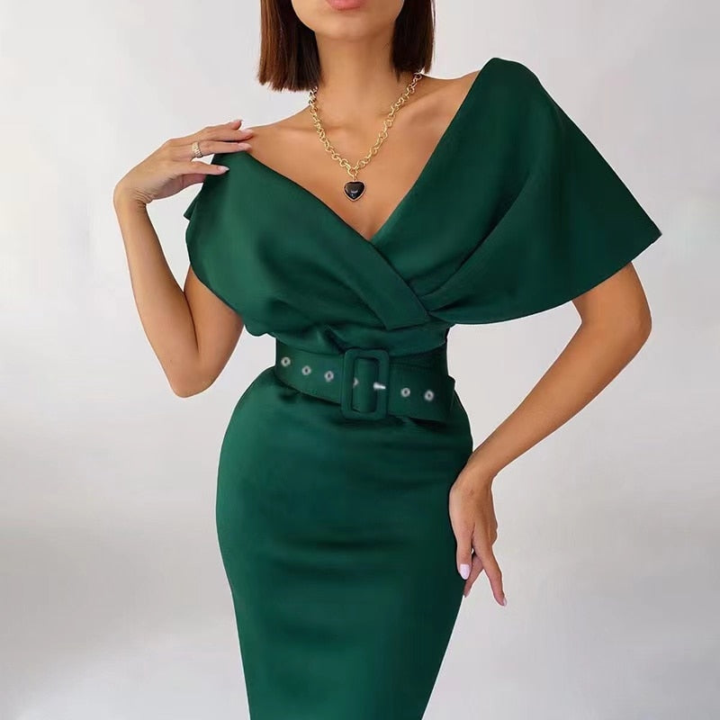 Off Shoulder Structured Collar Belted Bodycon Midi Cocktail Dress - View 8