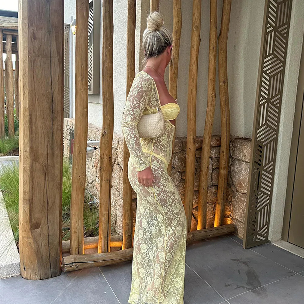 Perspective Lace Hollow Out Bodycon Maxi Dress - View 14