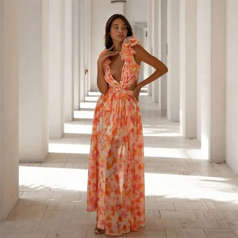 Ruffle Split Lace-up Floral Dress - View 6