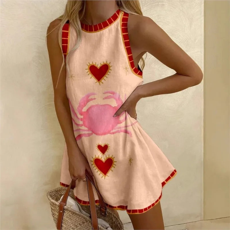 Crab Print Contrast Trim Sleeveless A-Line Mini Dress