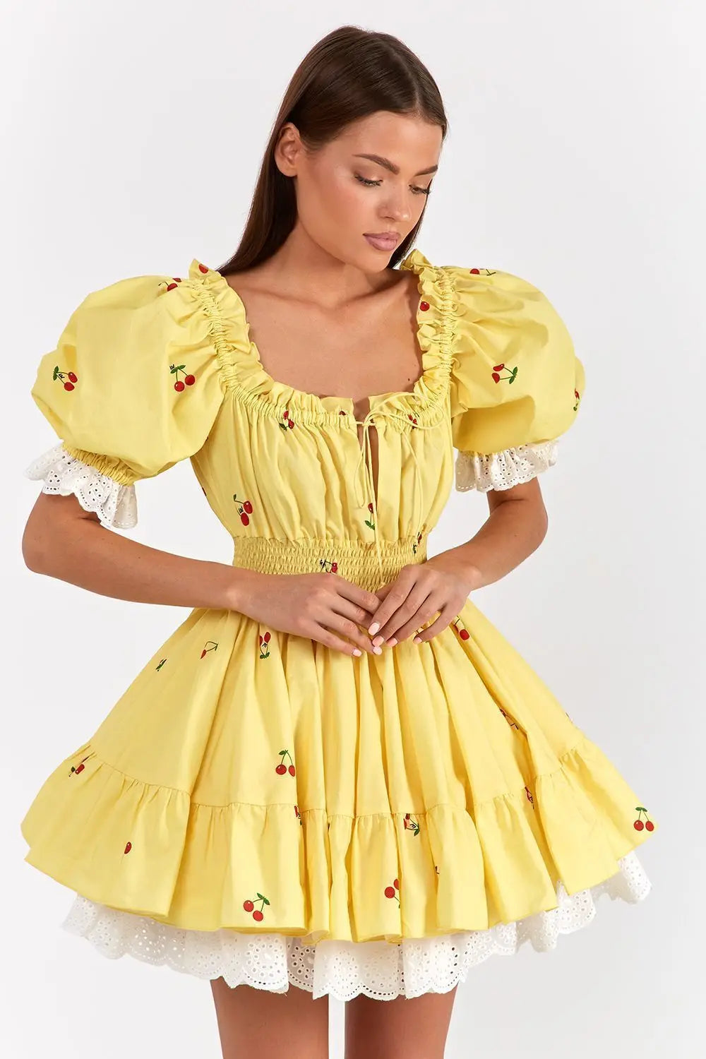 Print Puff Sleeve Ruffles Lace - up Mini Dress