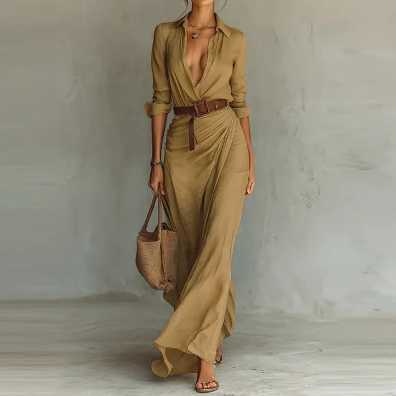 Draped Long Sleeve Belted Casual Dress for Elegant Events