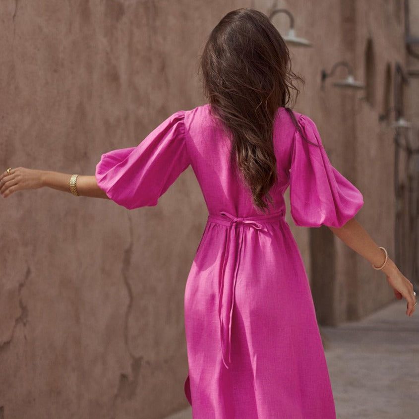 Linen Puff-Sleeve Deep-V Front-Slit Wrap Dress 5